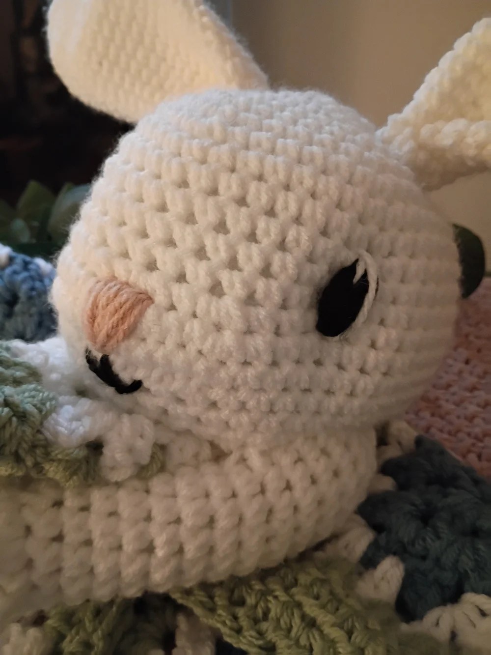 Handmade Bunny Lovey Blanket in White, Sage and Blue